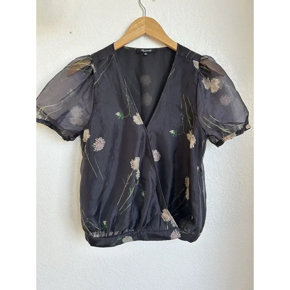 Madewell‎ Silk Organza Wrap Top Women XS Black Floral Puff Sleeve MA826